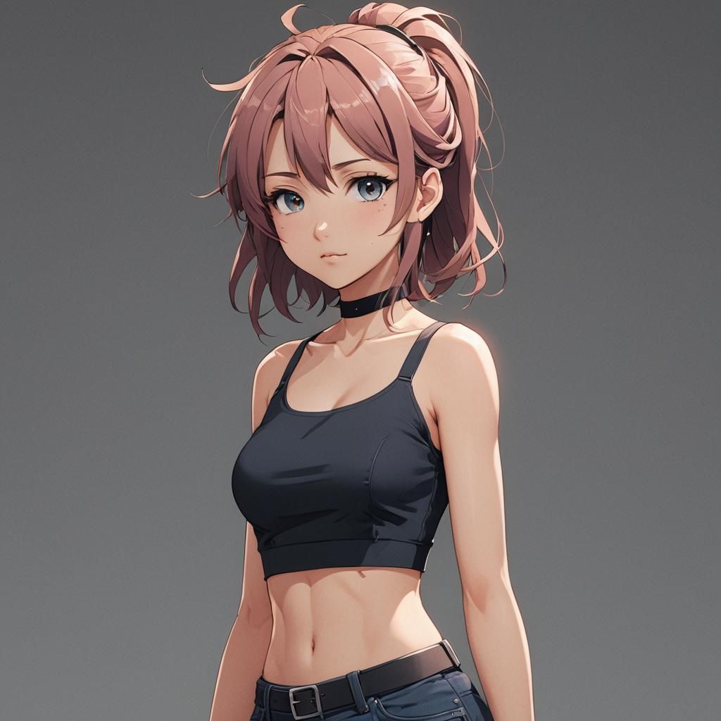 Anime Girl in Crop Top, Cel-Shaded Style