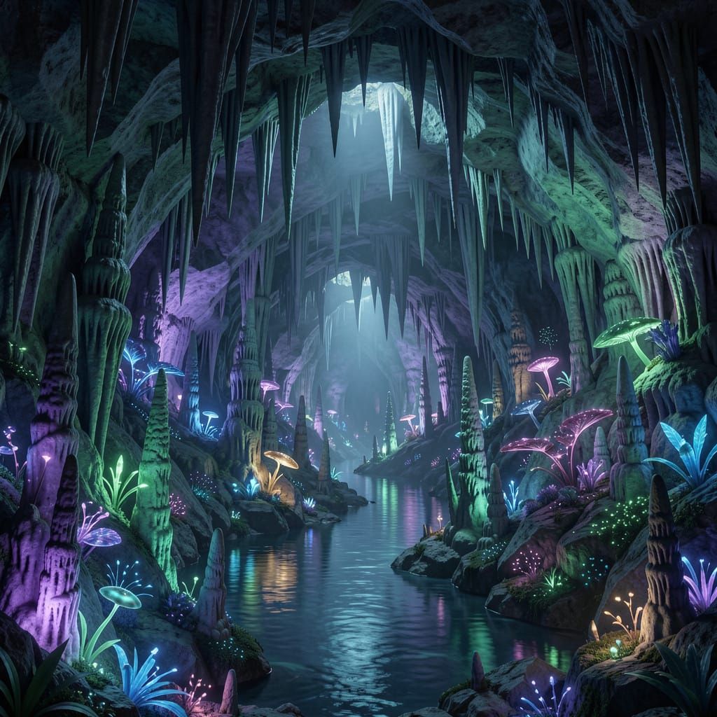 Bioluminescent Caves With Underground River