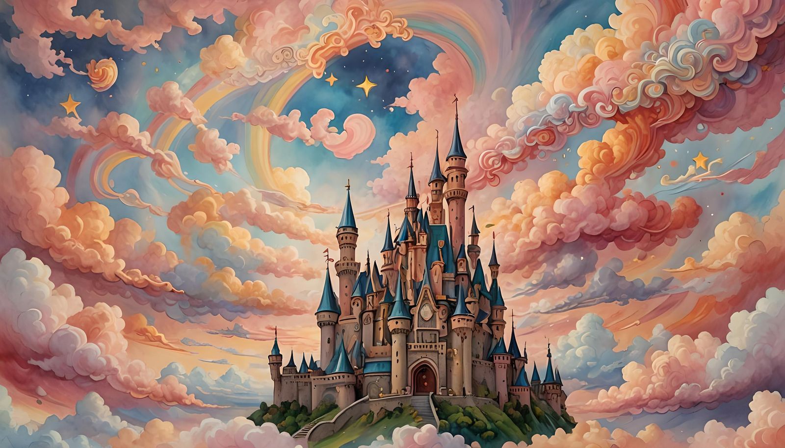 Psychedelic Rainbow Sky with Golden Castle, Watercolor Art