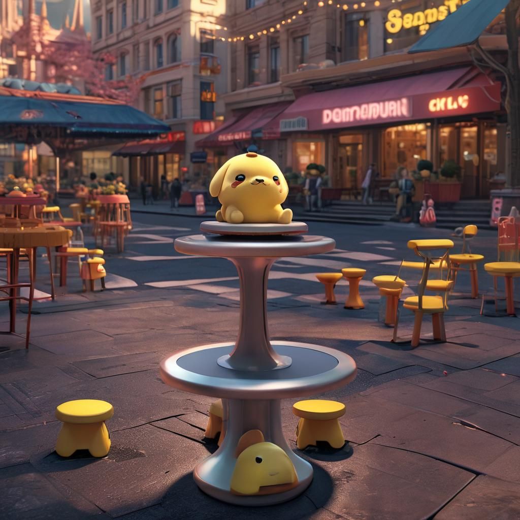 Pompompurin in Vibrant Futuristic City Square