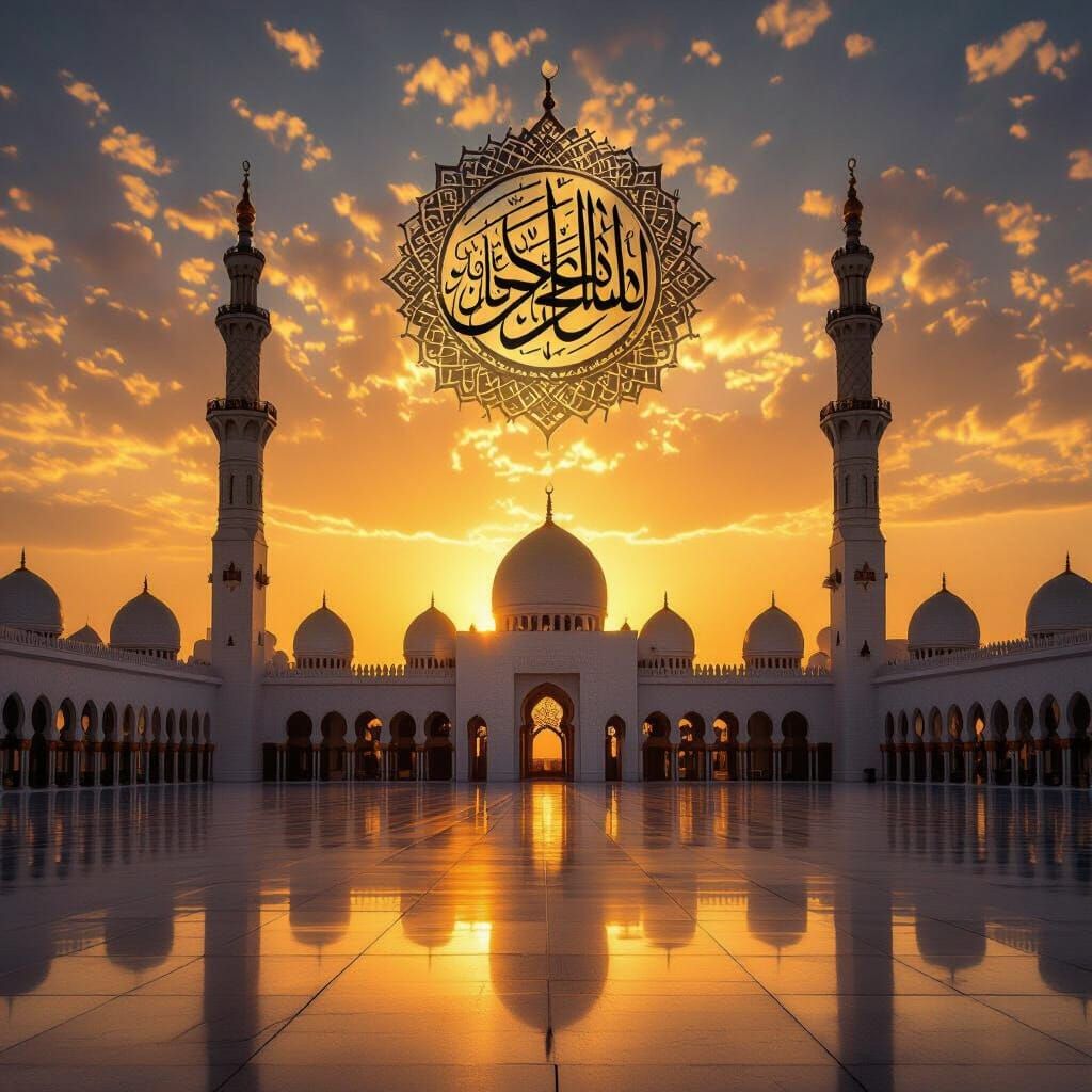 Al-Masjid an-Nabawi Medina Sunset with Golden Sky and Callig...