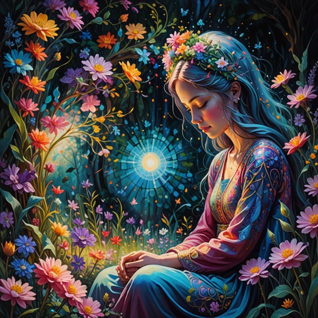 Surrealist Woman in Vibrant Dreamlike Garden