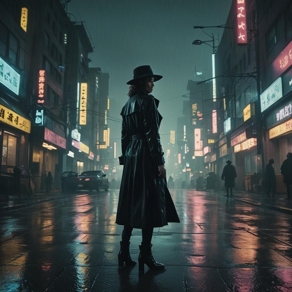 Cyberpunk 2099 Film Still: Woman in Rainy Street