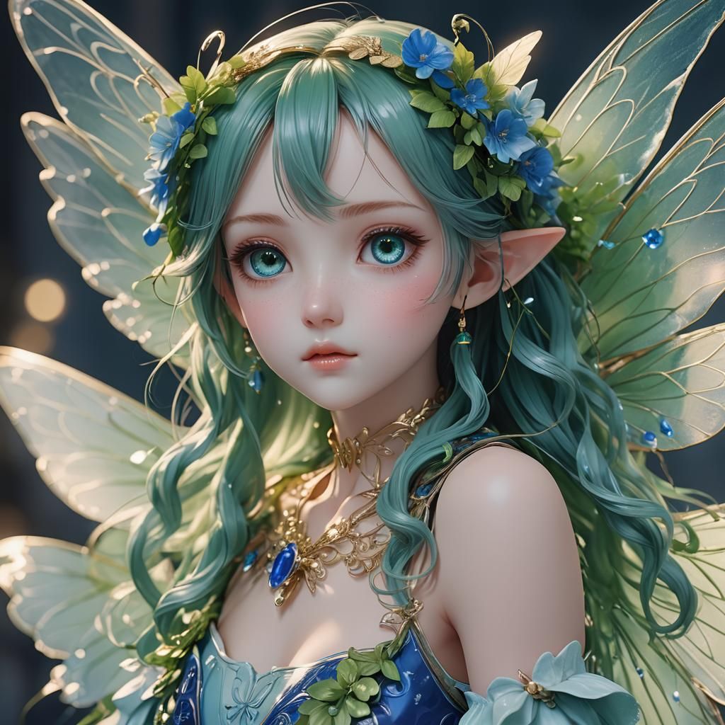 Blue Porcelain Fairy Doll in Anime Art Style