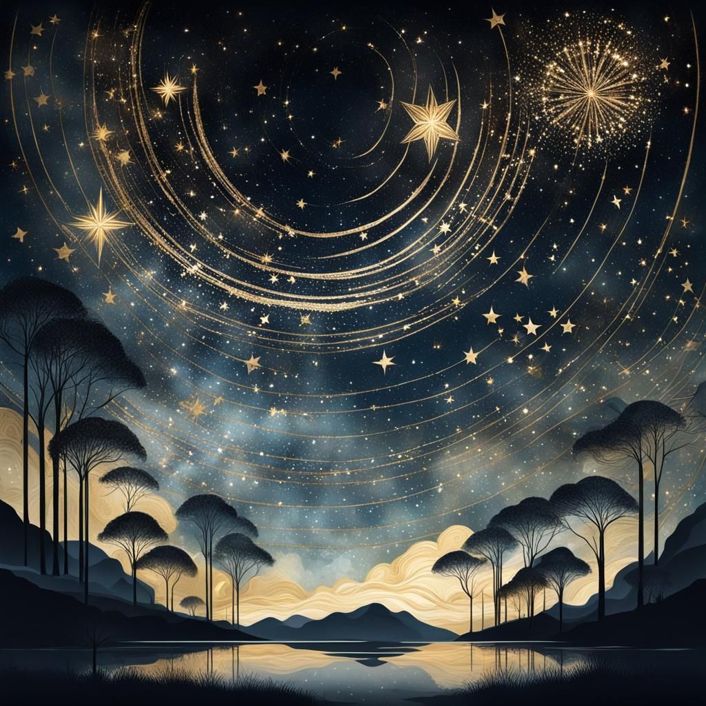 Art Deco Sky with Swirling Stardust and Celestial Bodies