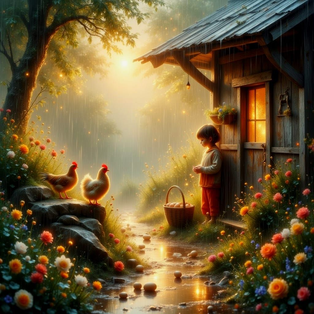 Enchanted Rainy Day Brothers: Watercolour Oil Painting