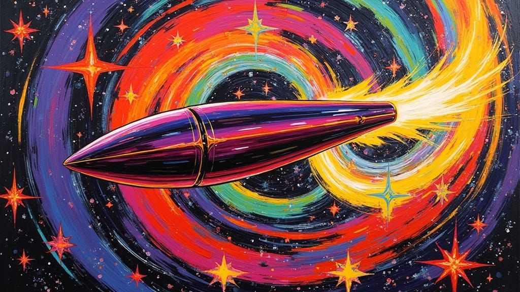 Iridescent Starship Accelerates Through Interstellar Vortex