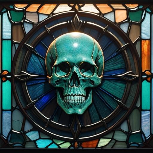 Seaglass Skull on Driftwood Pedestal in Art Nouveau Style