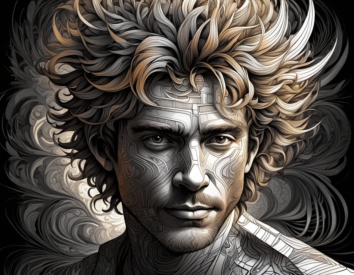 Abstract Fractal Portrait in Charcoal Style