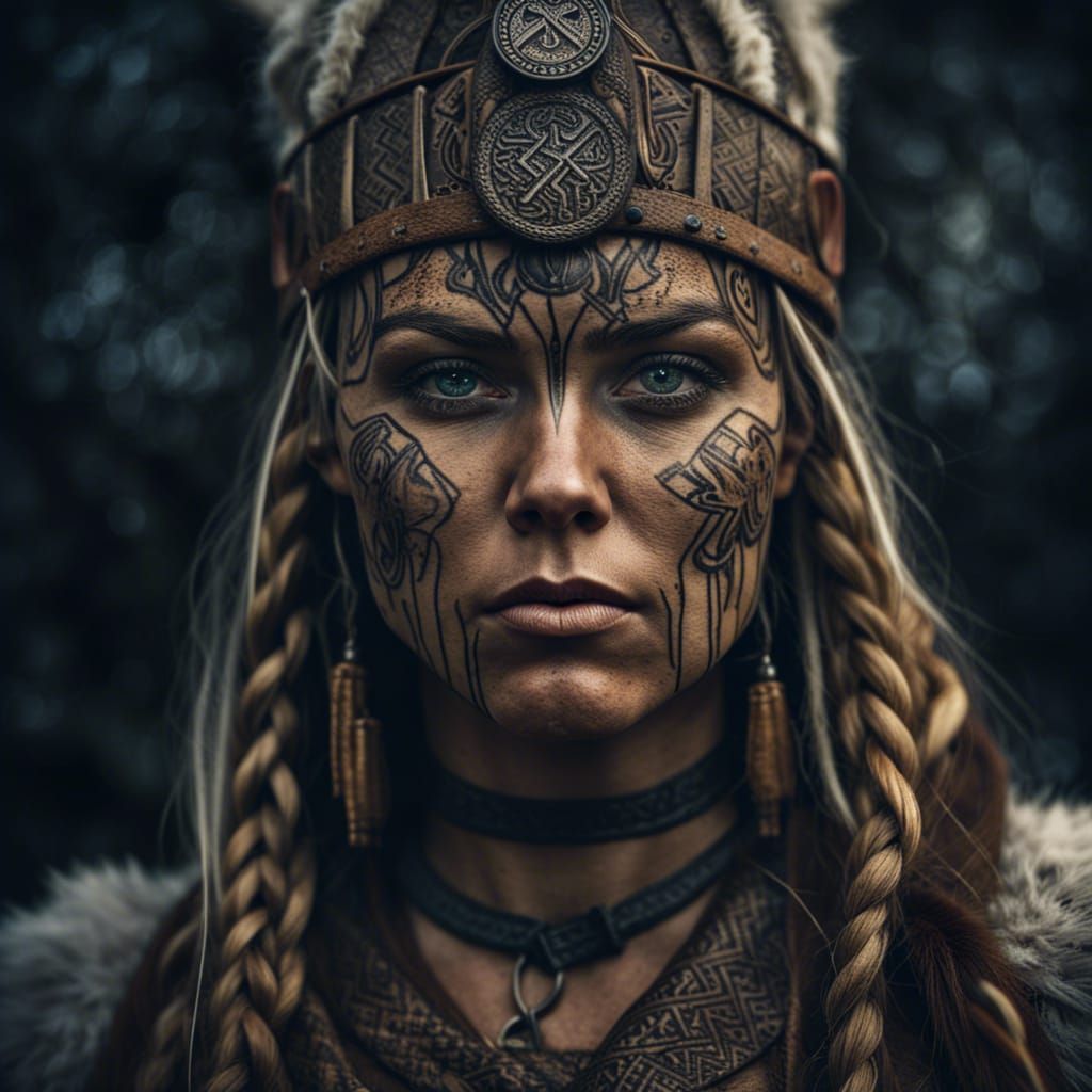 Viking Shaman Woman with Runes in Hyperrealistic Style