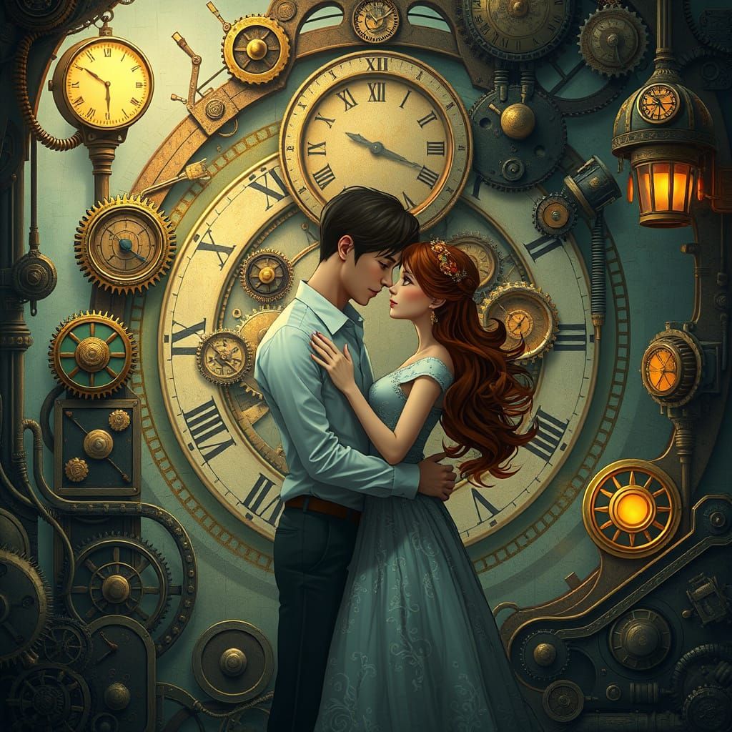 Couple Embracing in Clockwork Dreamscape