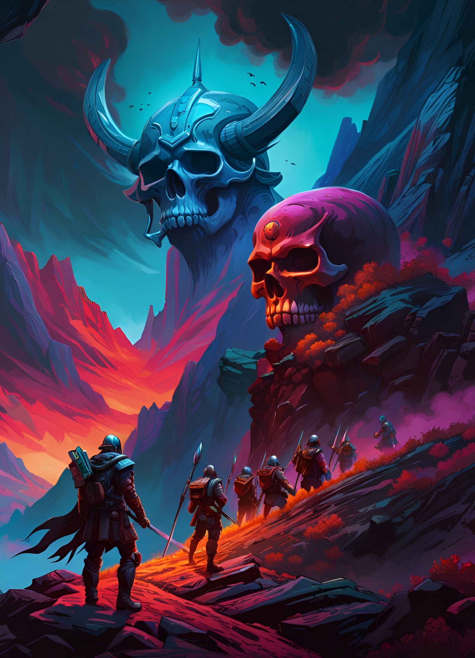 Skull Mountain Warriors in Bioluminescent Landscape