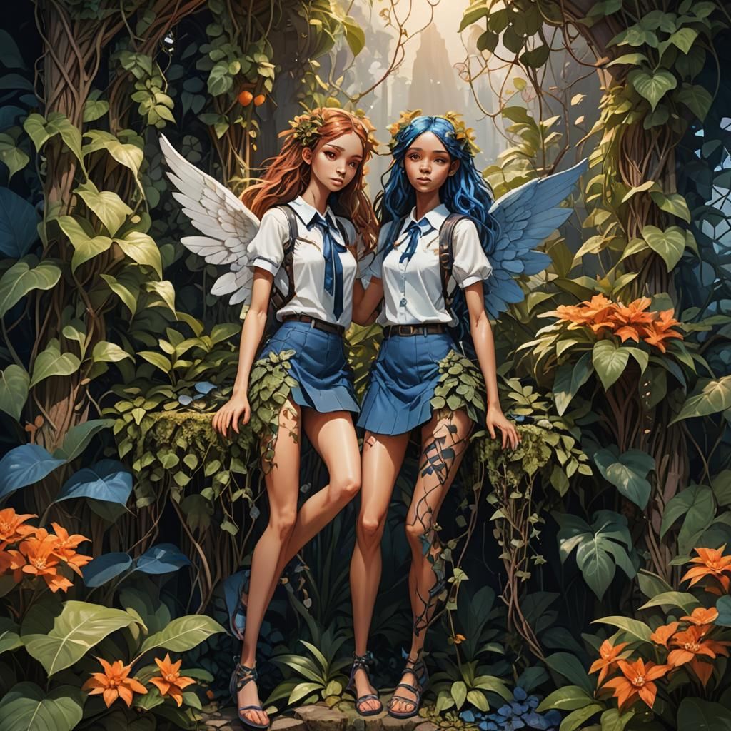 Angel in Vines: Detailed Matte Painting in Blue and Orange