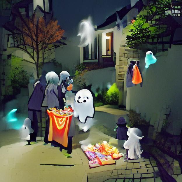 Whimsical Ghost Trick-or-Treating at Night