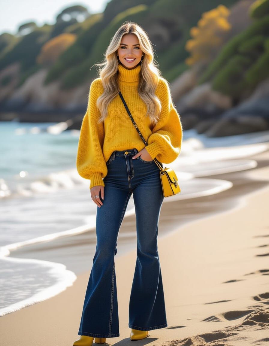 Woman in Yellow Sweater and Blue Jeans on Beach