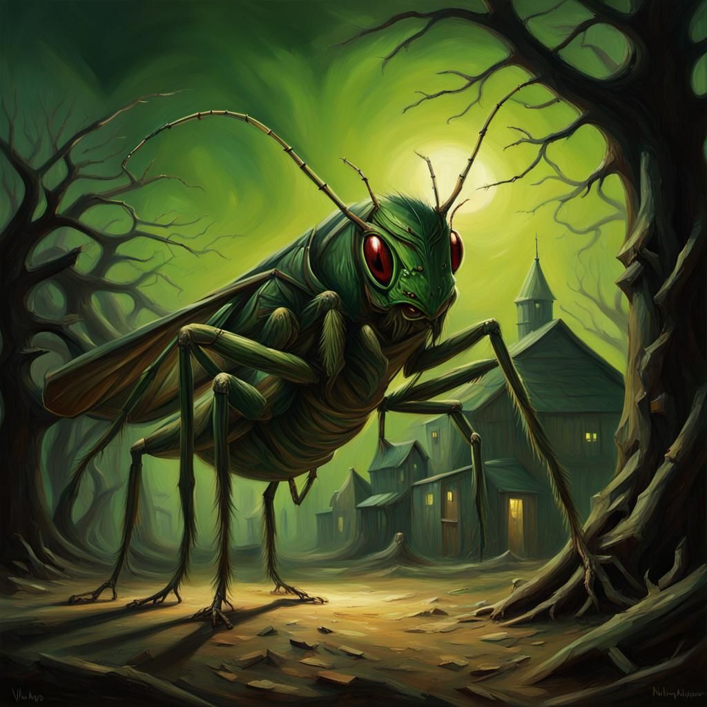 Giant Cricket Looms Over Village in Oil Painting