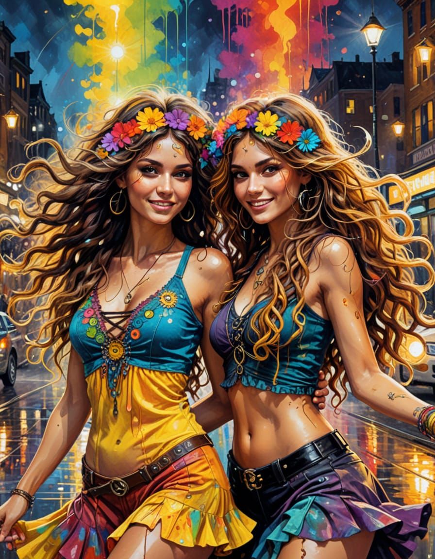 Steampunk Hippie Dancers in Vivid Oil Painting