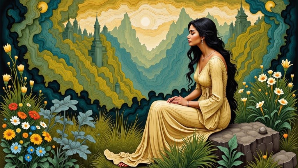 Woman in Serene Landscape, Art Nouveau Style