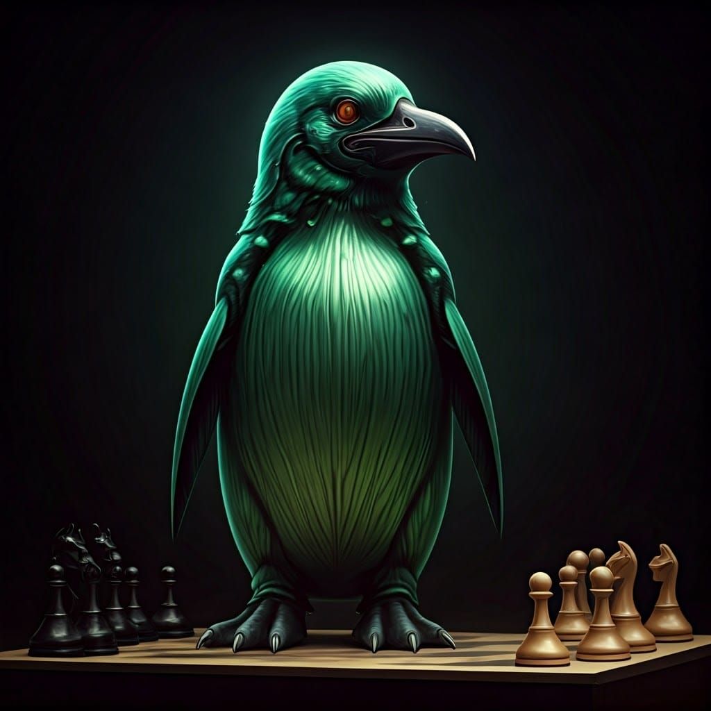 Surreal Gigeresque Penguin in a Fading Digital Landscape