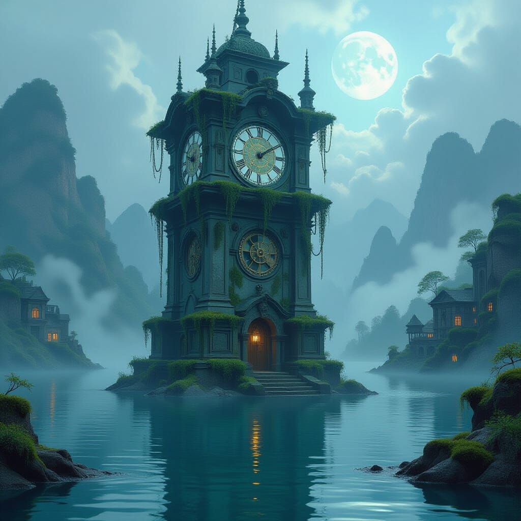 Submerged Clock Tower Reflecting Celestial Heavens