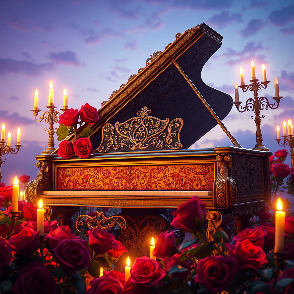 Ornate Piano Surrounded by Roses in Dreamlike Setting