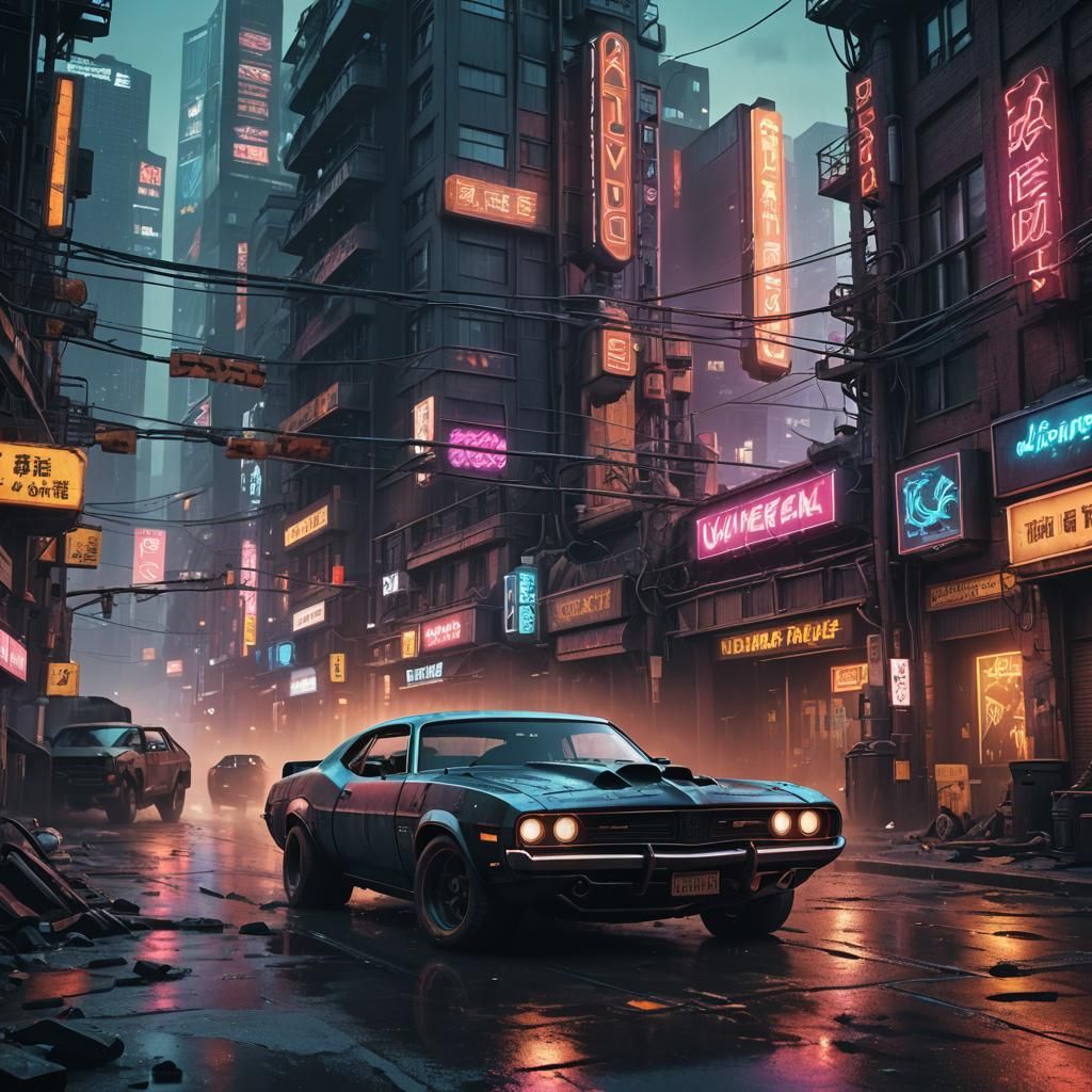 Cyberpunk Muscle Car in Neon Cityscape