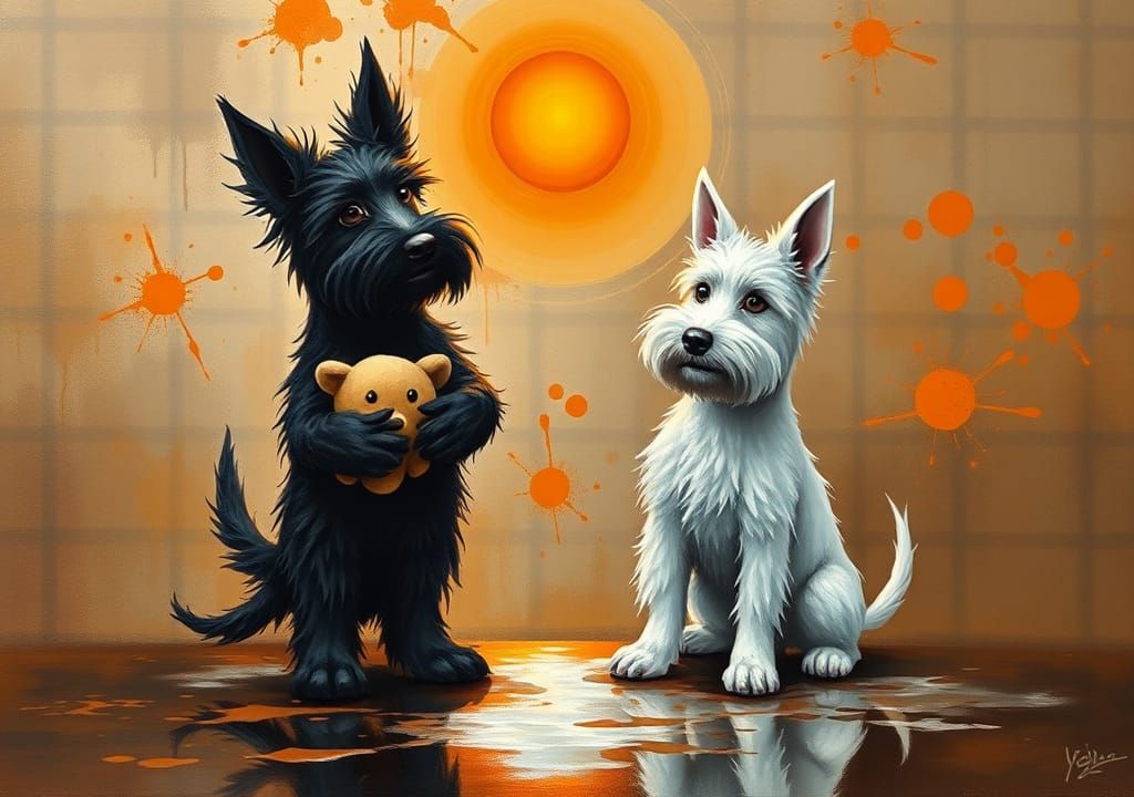 Whimsical Abstract Painting of Two Scottish Terriers