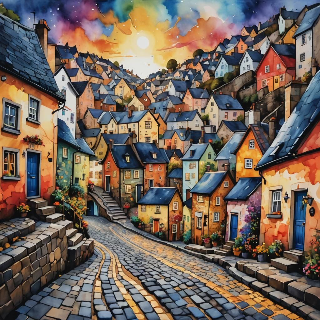 Whimsical Hill Town in Vibrant Watercolour Style