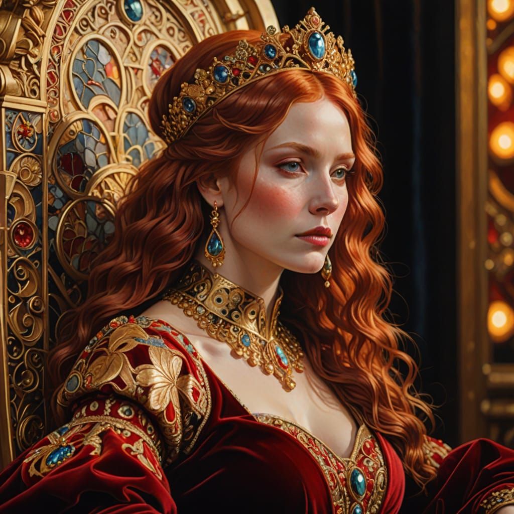 Majestic Queen with Fiery Hair, Klimt-Inspired Art