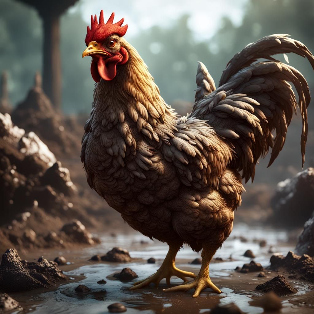 Mud-Covered Chicken Having Fun: Detailed Matte Painting