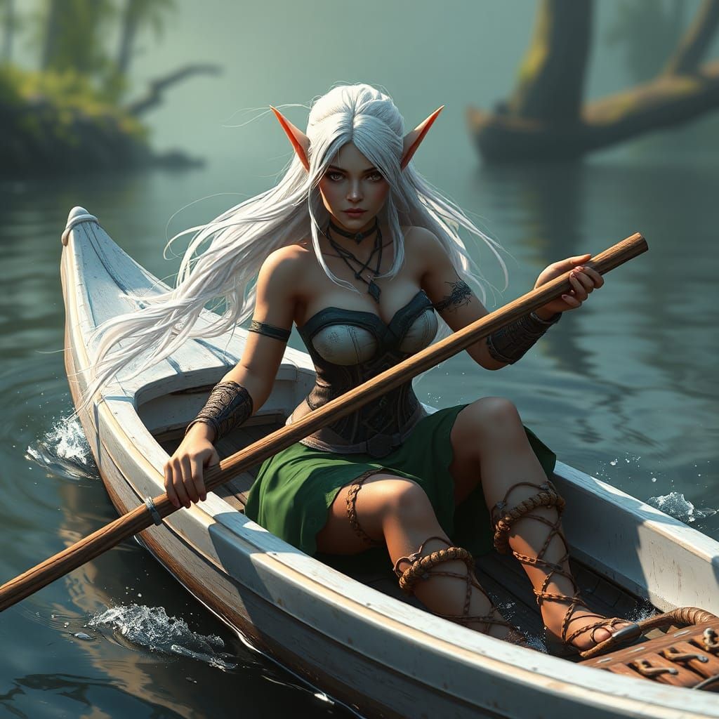 Wood-Elf Druid in Canoe: Fantasy Art