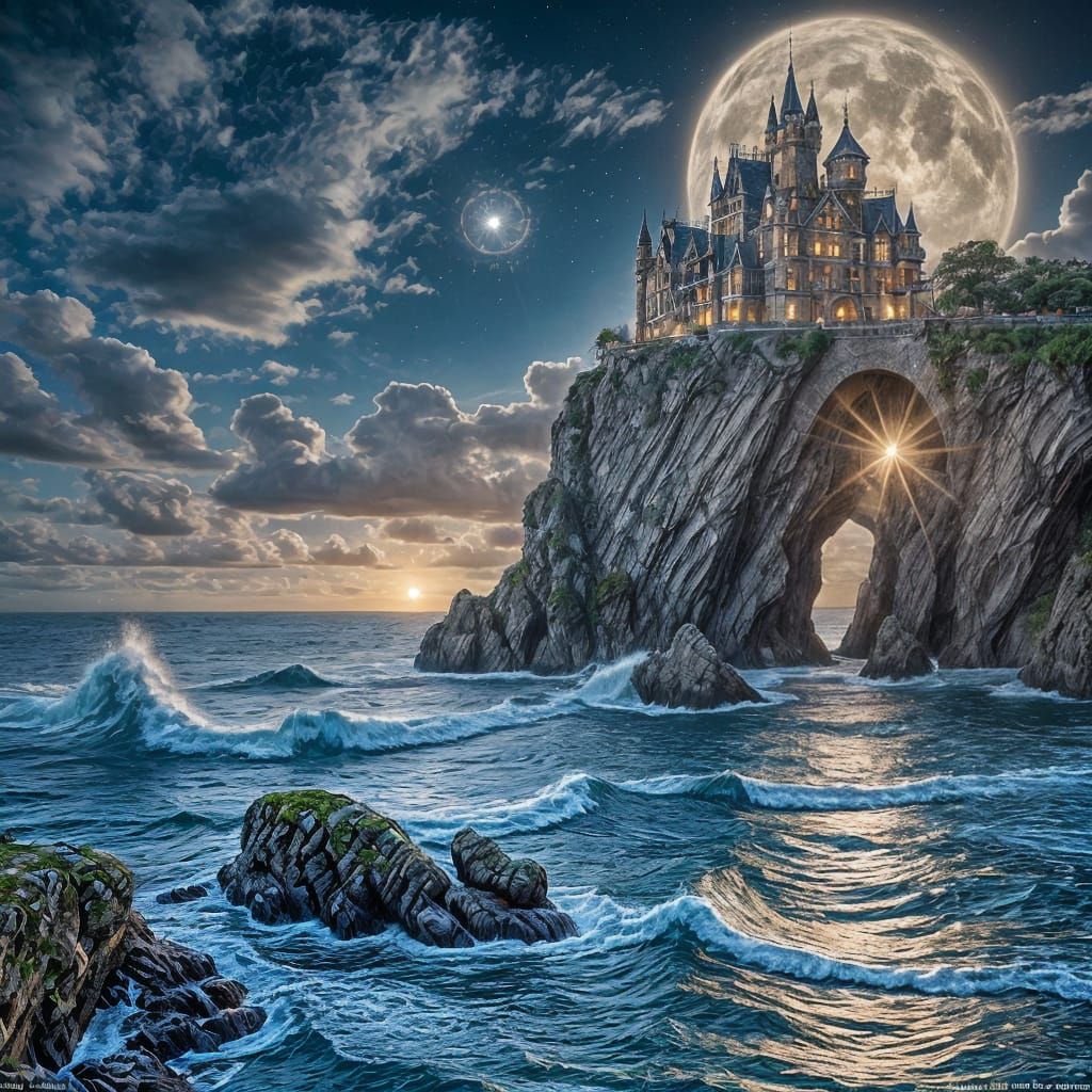 Fantasy Mansion on Seaside Cliffs at Night