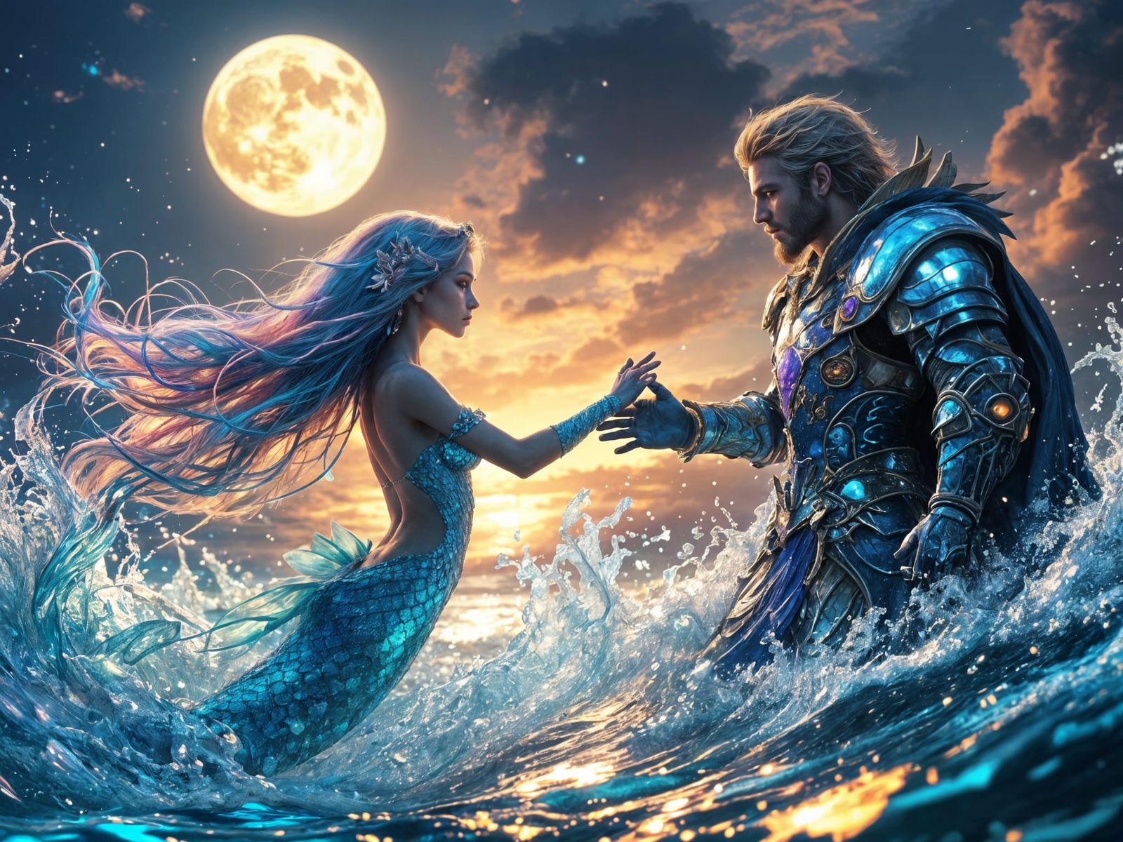 Mermaid Princess Under Colorful Moonlight in Fantasy Concept...