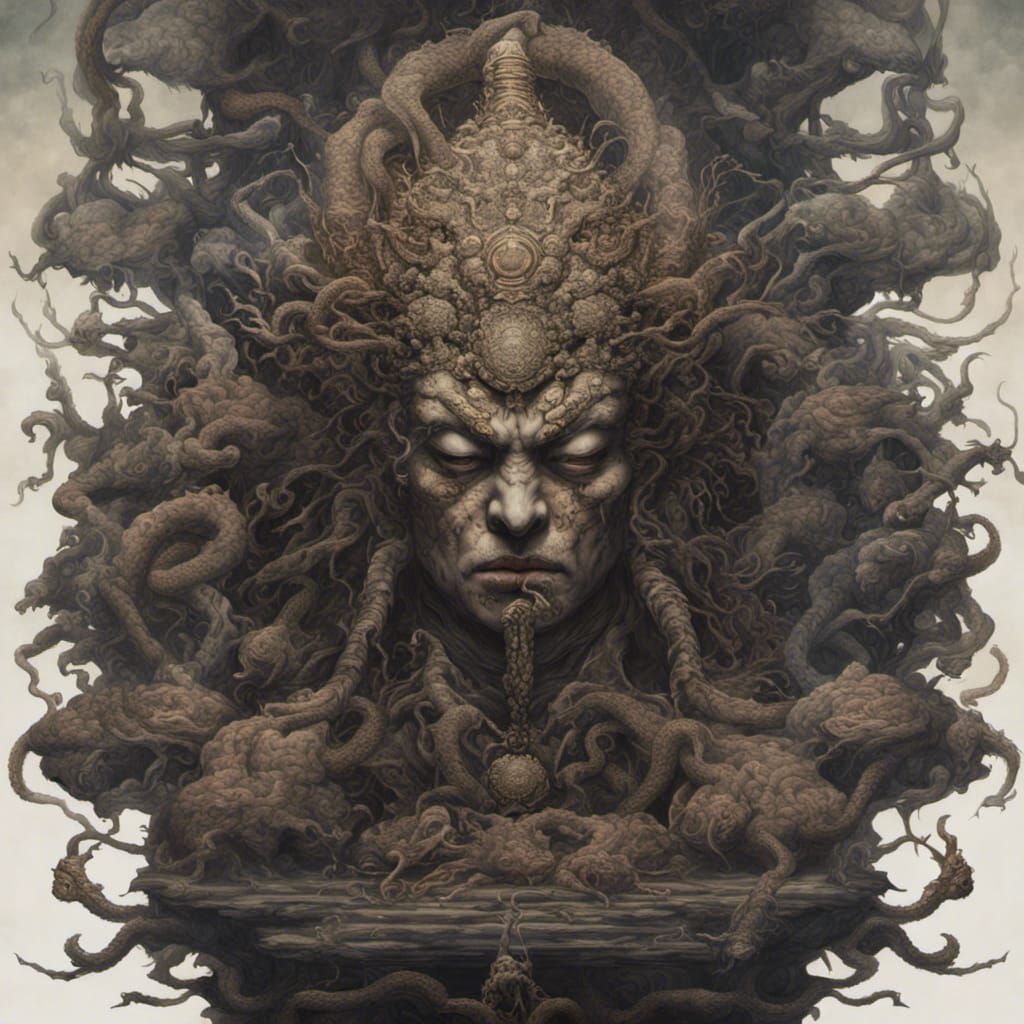 Six-Armed Samurai in Translucent Brain: Digital Art