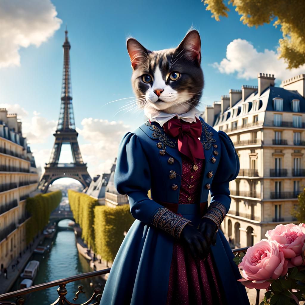 Parisian Cat in Feminine Attire, Detailed Matte Painting