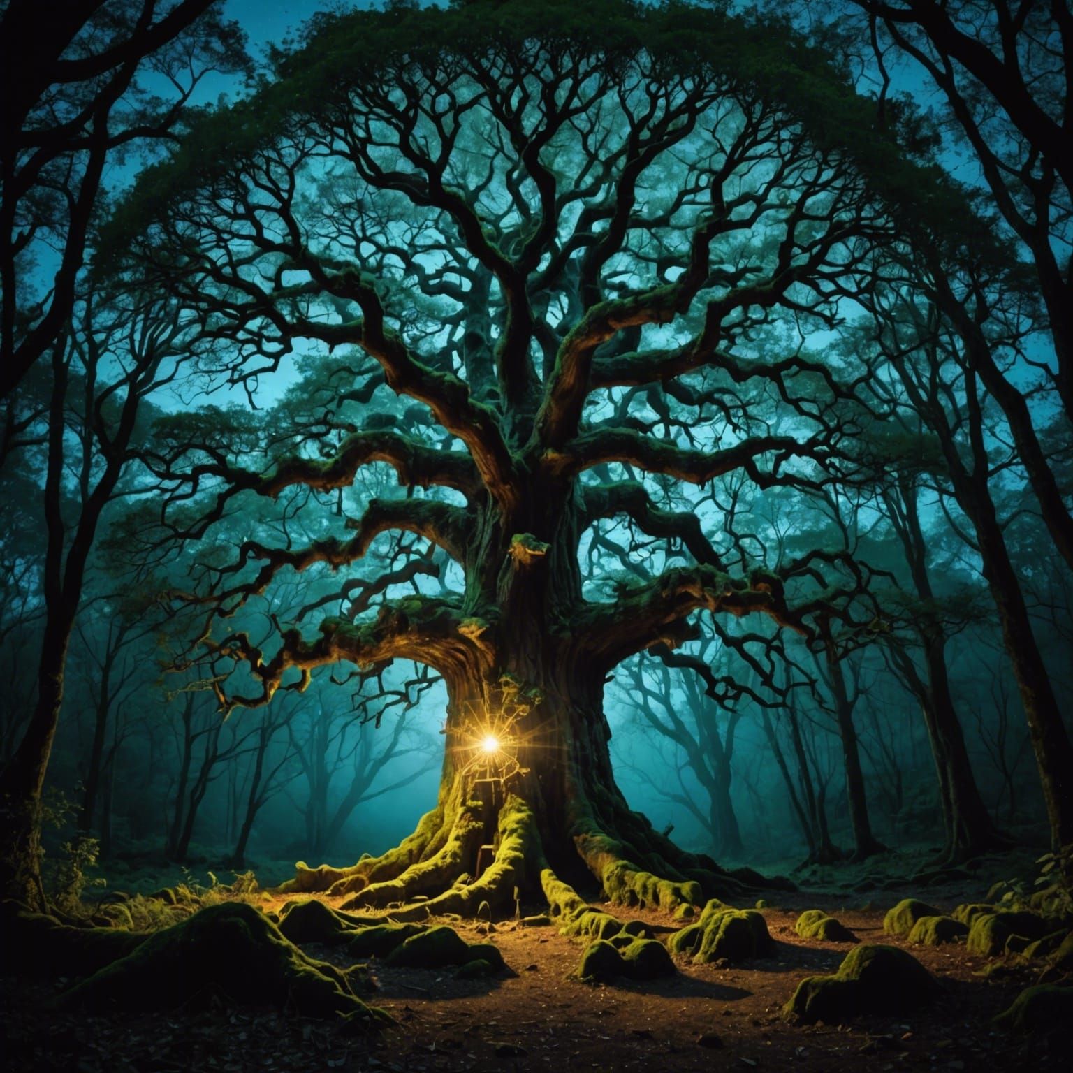Druid Oak Tree Radiance in Magical Forest