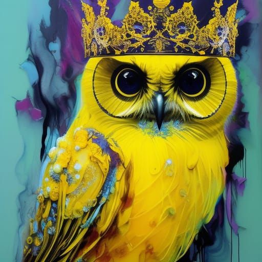 Crowned Chibi Owl Portrait in Inkblot Style