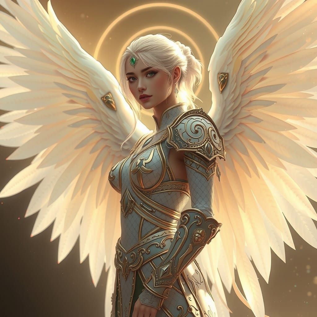 Ethereal Kamael Goddess in Opalescent White Wings and Golden...