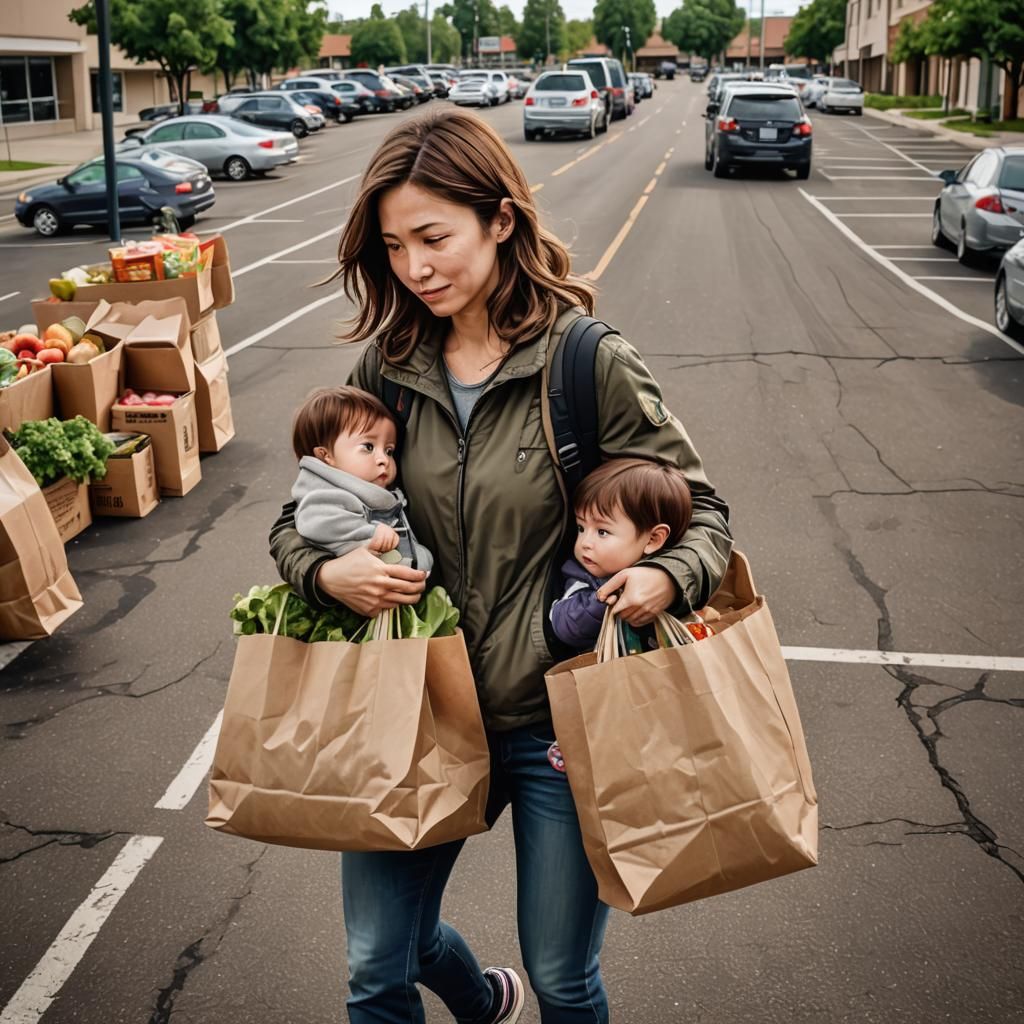 Chibi Mom With Child and Groceries