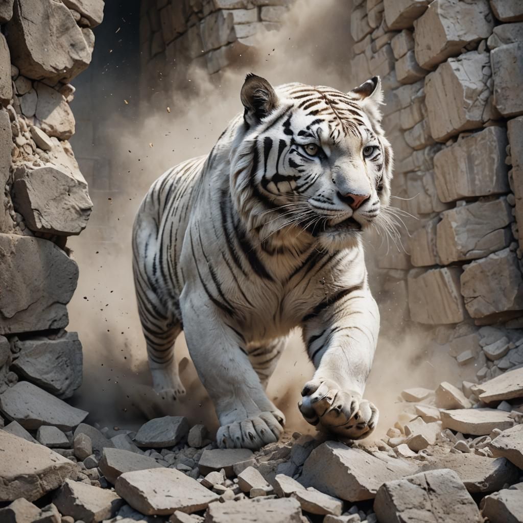 White Tiger Breaks Stone Wall: Hyperrealistic Digital Art