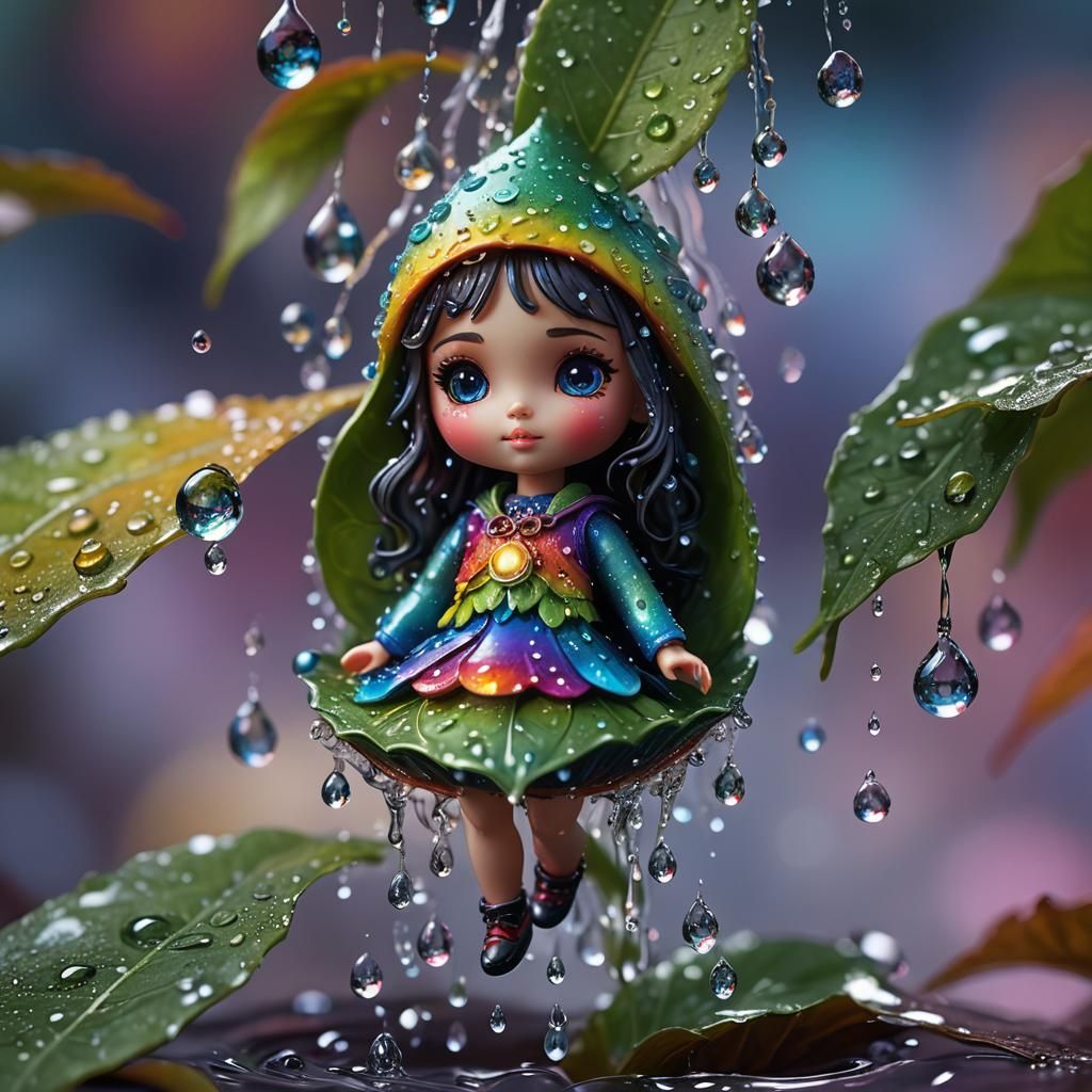 Miniature Doll in Waterdrop with Rainbow Light