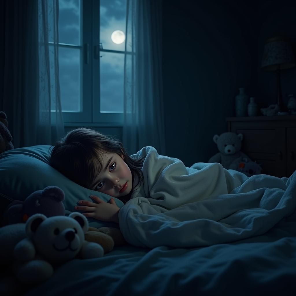 Worried Girl Lying Awake in Dark Room