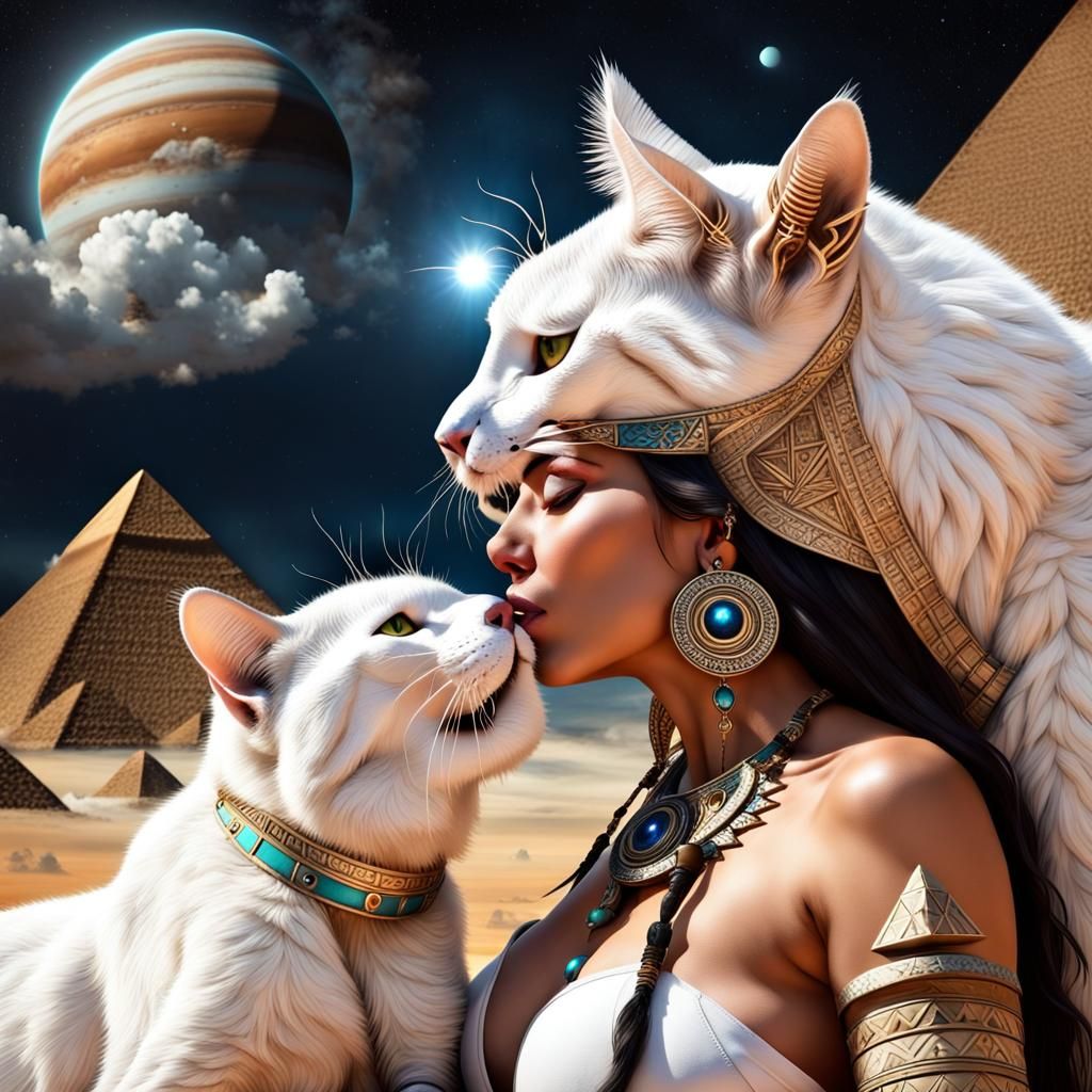 White Cat Kisses Shaman Woman on Alien Planet