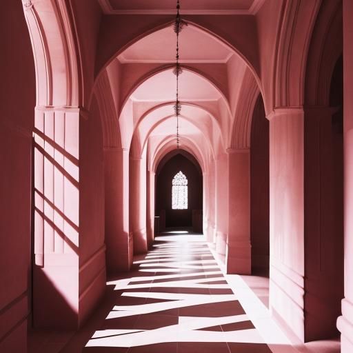 Pink Sandstone Castle Hallway with Shadow Patterns