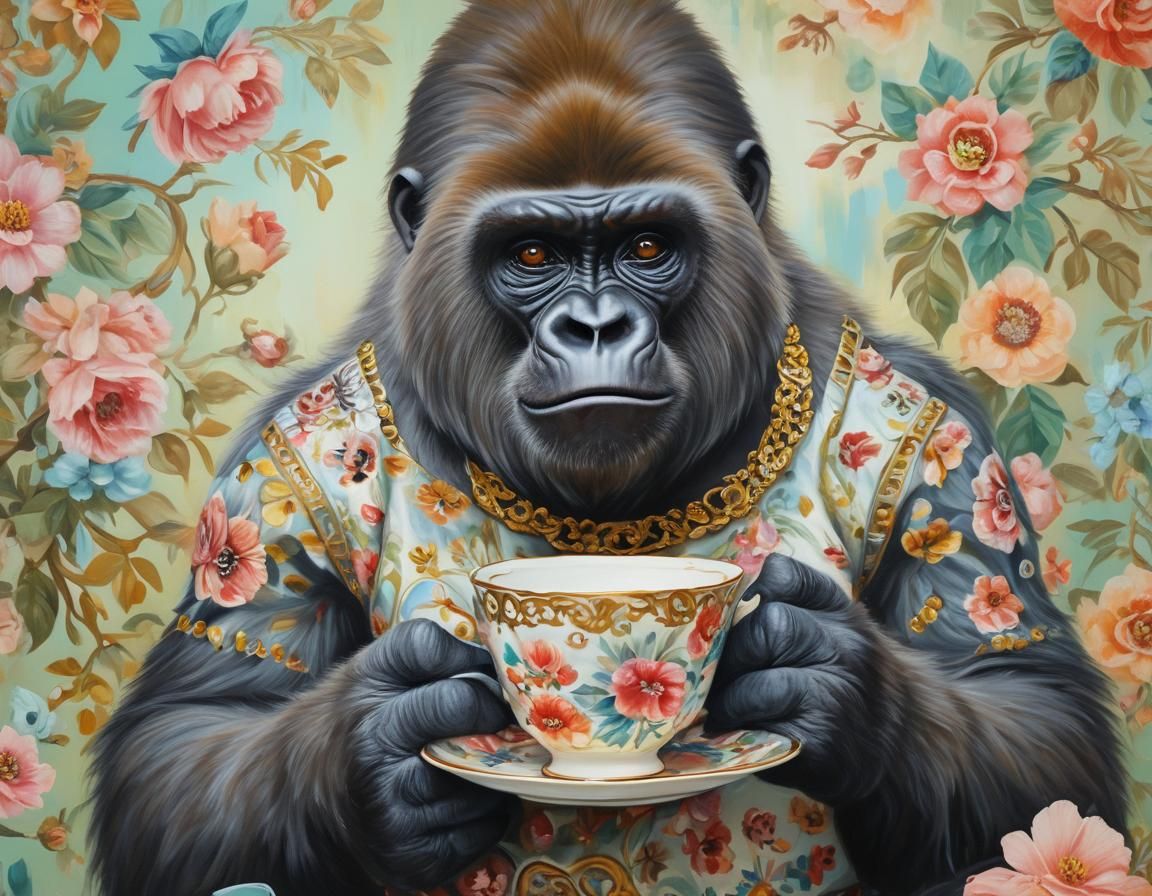 Gorilla in Dress Holding Teacup: Surreal Oil Painting
