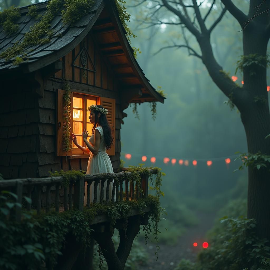 Fairy in Mystical Cottage Surrounded by Demons