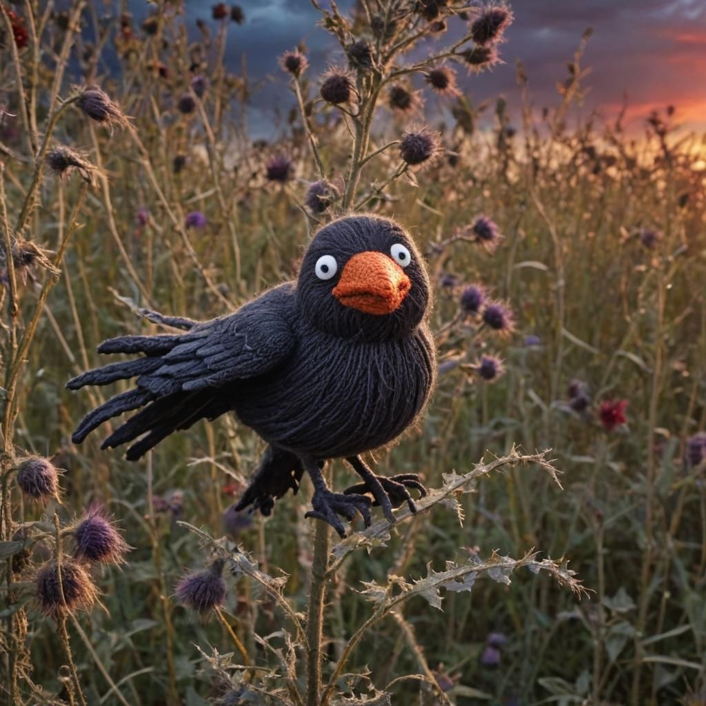 Knitted Wool Crow with Celestial Sky Backdrop