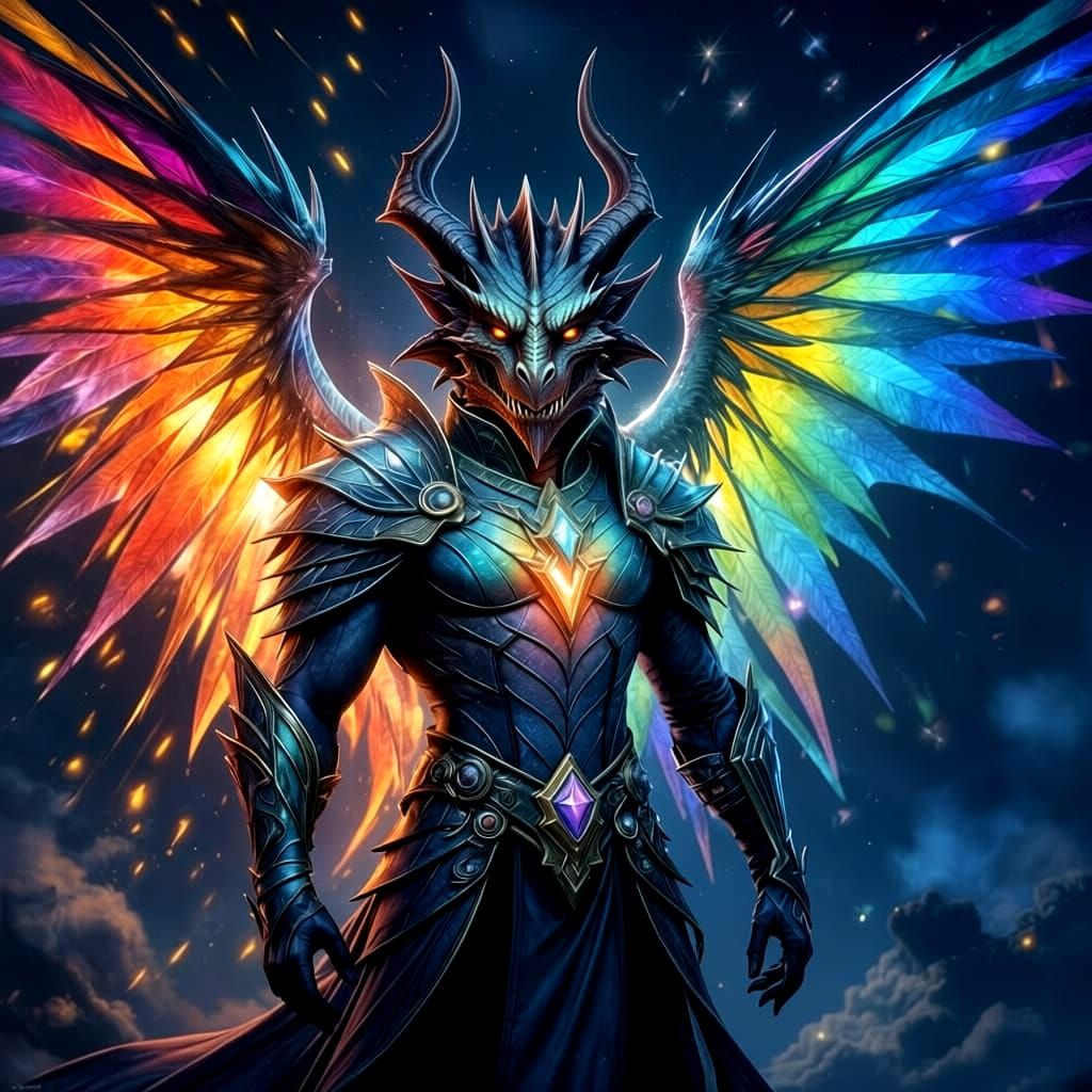Majestic Half-Dragon with Rainbow Scales and Crystal Horns