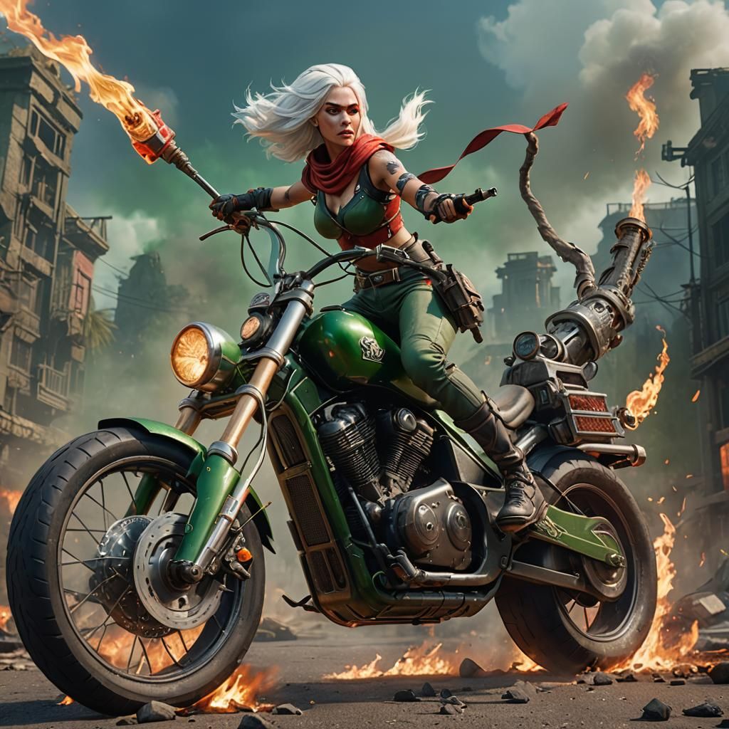 a she-warrior 
tight pvc green pants 
red top  
white hair
riding a fire chopper bike