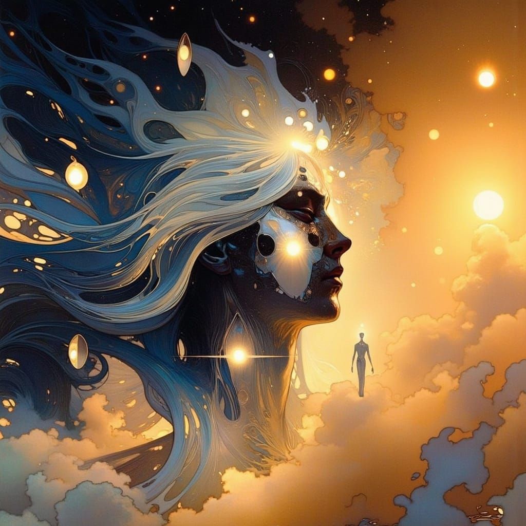 Desolate Moonlit Cyborg Landscape in Art Nouveau Style